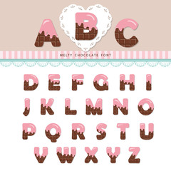 Pink cream melted on chocolate decorative alphabet. Cute ABC letters can be used for bitrhday card, Valentines day, sweets shop, girls magazine. Isolated.