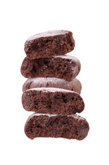Chocolate cookies stacked, isolated on white, selective focus, close-up