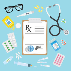 Empty medical prescription Rx form and pills