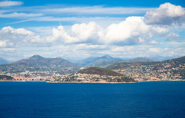 Fototapeta na wymiar Cote d'Azur France. Beautiful panoramic aerial view city of Nice, France. Luxury resort of French riviera