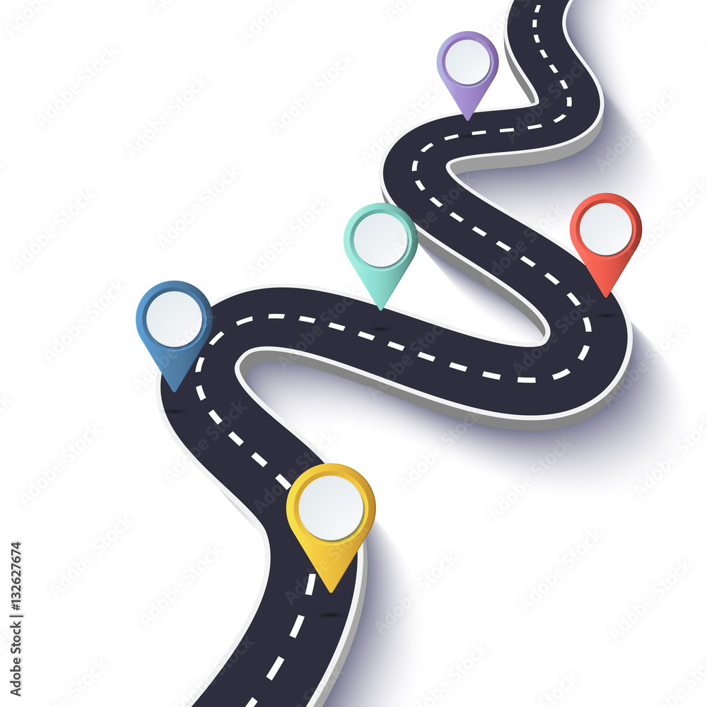 Poster winding road on a white isolated background. road way location infographic template with pin pointer