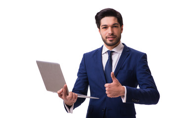 Businessman working with laptop isolated on white