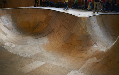 Rampa in covered skatepark in winter period. Extreme sport concept.