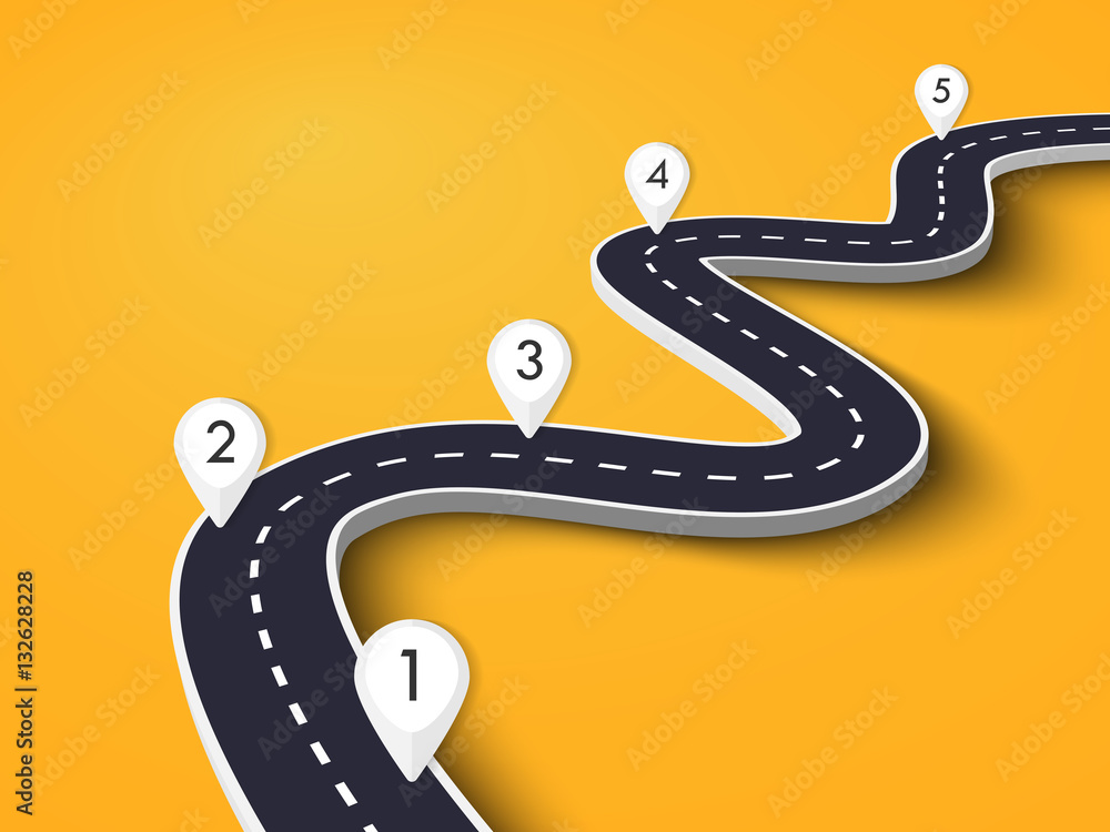 Poster winding road on a colorful background. road way location infographic template with pin pointer. vect