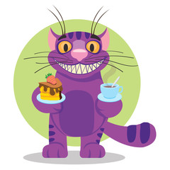 Cheshire Cat. Illustration to the fairy tale Alice's Adventures in Wonderland. Purple cat with a big smile offers a cup of tea and cake.