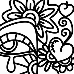design with heart and flower in black and white
