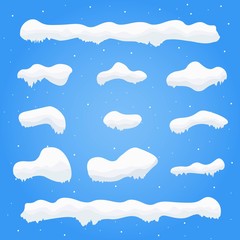 Snow caps, snowballs and snowdrifts set. Winter decoration element. Snowy elements on blue background. Cartoon template. Snowfall and snowflakes in motion.Vector Illustration.