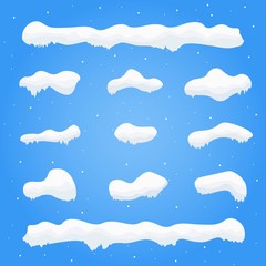 Snow caps, snowballs and snowdrifts set. Winter decoration element. Snowy elements on blue background. Cartoon template. Snowfall and snowflakes in motion.Vector Illustration.