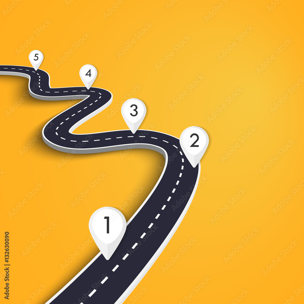 Poster winding road on a colorful background. road way location infographic template with pin pointer. vect