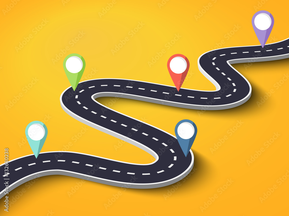 Poster winding road on a colorful background. road way location infographic template with pin pointer. vect