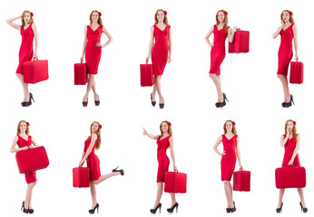 Fototapeta na wymiar Young woman in red dress with suitcase isolated on white