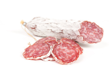 slices of salami isolated on a white