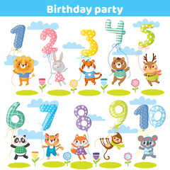 Birthday numbers with funny animals for invitation card