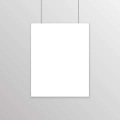 Realistic blank white paper poster hanging on wall mockup. Template page of banner for exhibition. Vector illustration.