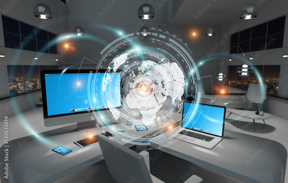 Poster Workplace with modern devices and hologram screens 3D rendering