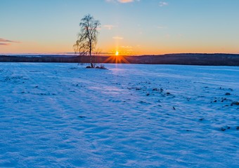 Beautiful winter sunset on fields