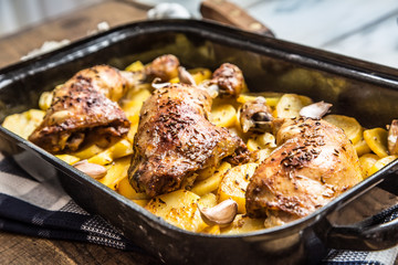 Roasted chicken leg with potatoes with caraway and garlic.