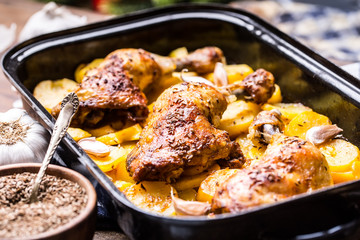 Roasted chicken leg with potatoes with caraway and garlic.
