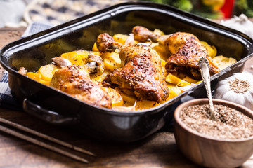 Roasted chicken leg with potatoes with caraway and garlic.