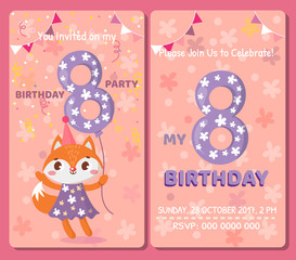 Birthday invitation card with cute animal. Birthday party. Fox