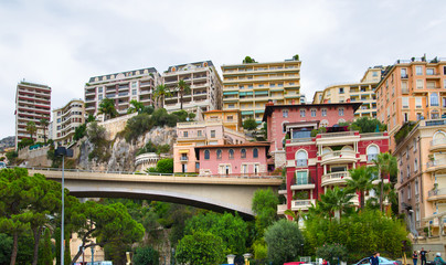 Fototapeta premium City of Monte Carlo street view. Road junction and residential buildings with luxury apartments