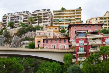 City of Monte Carlo street view. Road junction and residential buildings with luxury apartments