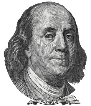 Benjamin Ben Franklin Face On US 100 Dollar Bill Closeup Isolated, United States Of America Money Close Up.