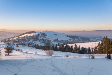 Winter landscape of Podhale at sunset