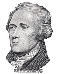 Alexander Hamilton face portrait on US 10 dollar bill closeup isolated, United States of America...