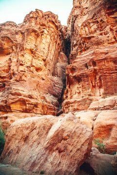 Rocky mountains of in the ancient city of Petra. Wadi Rum