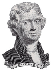 US President Thomas Jefferson face on USA two dollar bill macro isolated, United States of America money closeup - obrazy, fototapety, plakaty