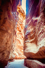 Gorge in the rocks, in ancient city of Petra. Wadi Rum