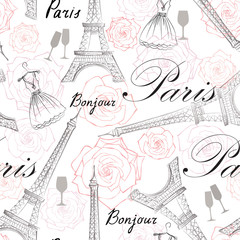 Fototapeta na wymiar Paris city seamless pattern. Travel France tile background with Eiffel Tower