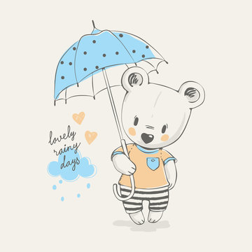 Cute little bear with umbrella cartoon hand drawn vector illustration. Can be used for baby t-shirt print, fashion print design, kids wear, baby shower celebration greeting and invitation card.