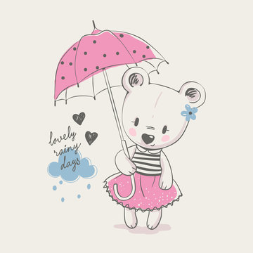 Cute little bear girl with umbrella, cartoon hand drawn vector illustration. Can be used for baby t-shirt print, fashion print design, kids wear, baby shower celebration greeting and invitation card.