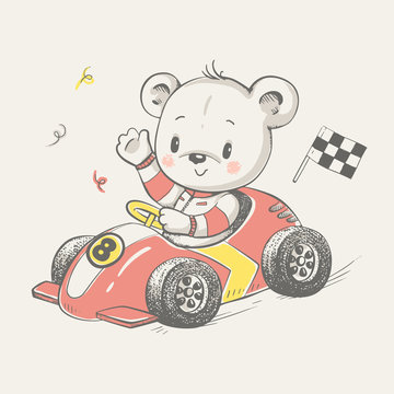 Cute little bear driving a car cartoon hand drawn vector illustration. Can be used for baby t-shirt print, fashion print design, kids wear, baby shower celebration greeting and invitation card.