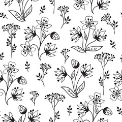 Floral pattern with herb branch and leaves. Nature background. Flower doodle seamless ornament