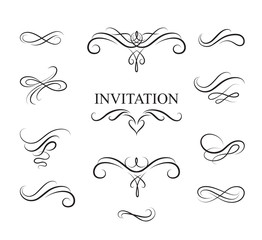 Calligraphic flourish design elements. Page decoration doodle vignette set in retro style. Elegant vintage borders and dividers for greeting card, retro party, wedding invitation - obrazy, fototapety, plakaty