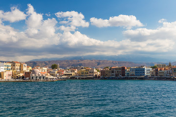 Fototapeta na wymiar Beautiful venetian port of Chania, Crete island, Greece