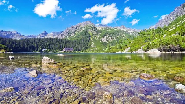 Picturesque view of Lake Popradske pleso in High Tatras, Slovakia. Time Lapse. 4K UltraHD