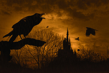 Plakat horror scene with a raven in front and castle at back under rain at dusk on yellow background