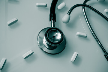 Doctor's Stethoscope and Prescription Pills for heart medication