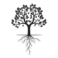 Black Tree with Roots. Vector Illustration.