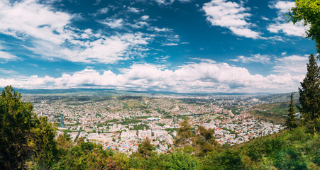 Fototapeta na wymiar Tbilisi Georgia. Aerial Panoramic View Of City With Famous Landmarks