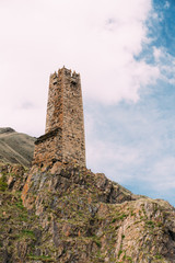 Old Stone Watchtower On Sky Background In Pansheti Village, Kazbegi