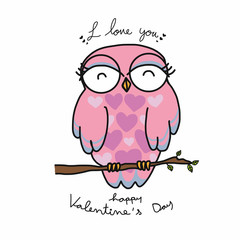 Pink female owl say i love you cartoon illustration
