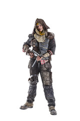 Nuclear post apocalypse life after doomsday concept. Grimy survivor with homemade weapons. Studio closeup portrait on white background