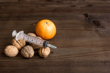 concept food allergies on wooden background