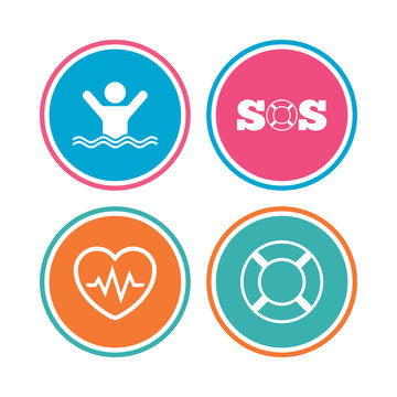 SOS lifebuoy icon. Heartbeat cardiogram.