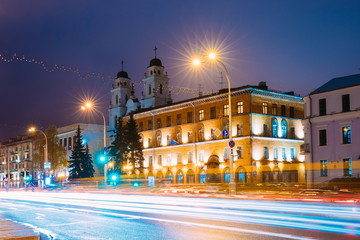 Fototapeta premium Minsk, Belarus. Night View Of Cathedral of Saint Virgin Mary And